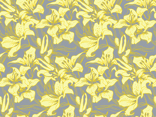 Trendy color Yellow illuminating silhouettes and leaves of lily flowers on ultimate gray background. Seamless pattern drawn by hand in freehand style. Home textile, wallpaper, fabric, bedding.