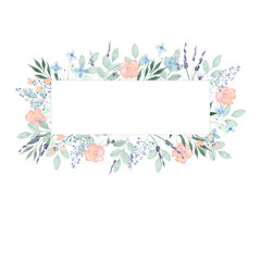 Watercolor hand painted banner with green leaves, peach and blue flowers and branches. Spring or summer flowers for invitation, wedding or greeting cards.