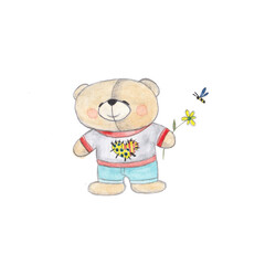 Watercolor illustration of a Cute Teddy Bear with flower.