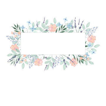 Watercolor hand painted banner with green leaves, peach and blue flowers and branches. Spring or summer flowers for invitation, wedding or greeting cards.