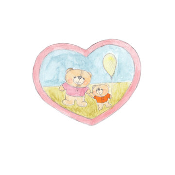Heart. Watercolor illustration. Cartoon lovely Teddy Bear Mother's day isolated. Love