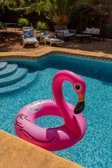 inflated pink flamingo in the pool