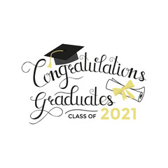 Congratulations graduated vector illustration with graduation cap, diploma scroll and lettering. Class of 2021 hand drawn logo or sign design.