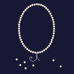 Shiny pearl frame with thread of white pearls. Vector border background for wedding, invitations, greeting cards, anniversary or banners. Luxury oval oyster pearl necklace. Beautiful natural chain.