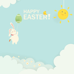 Happy Easter. Easter Rabbit Bunny with eggs, balloon. Cute cartoon rabbit character with chicken, Paschal egg. Design template for Banner, flyer, invitation, greeting card, poster.