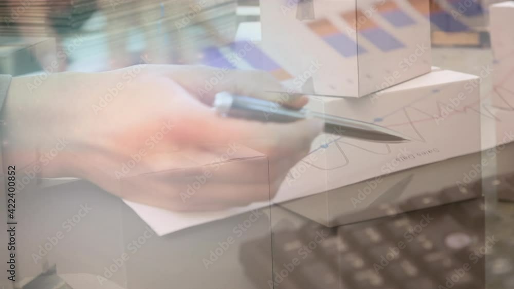 Poster animation of woman checking data and statistics with stacks of boxes in background