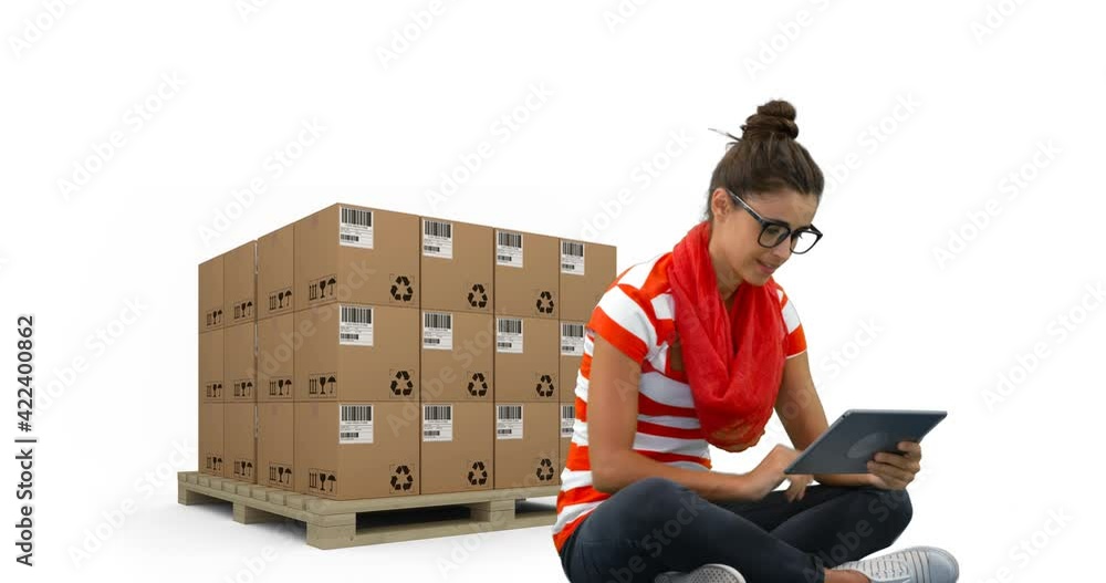 Poster animation of woman using tablet with stacks of boxes on white background