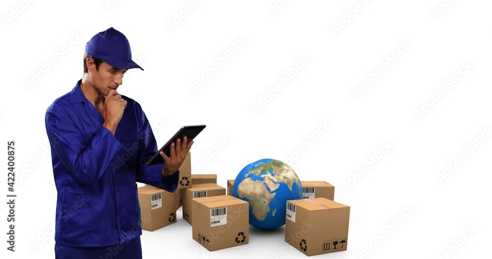 Poster animation of warehouse worker using tablet with stacks of boxes and globe on white background