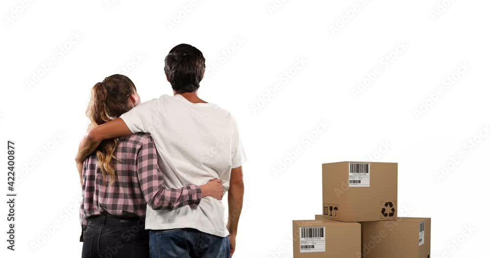 Aufkleber animation of couple embracing with stack of boxes on white background