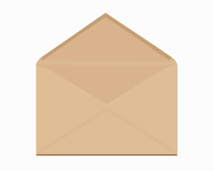 A light brown blank open kraft paper envelope depicted on a white background. Mail and correspondence concept. Isolated. Vector illustration, EPS 10.