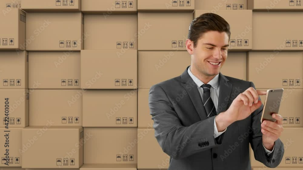 Poster animation of man using smartphone with stacks of boxes in background