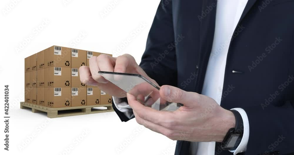 Poster animation of businessman using clear smartphone with stacks of boxes on white background