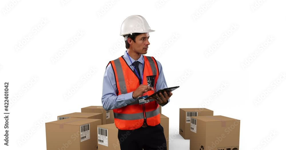 Poster animation of male architect using tablet with stacks of boxes on white background