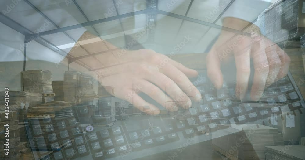 Poster animation of woman typing on computer keyboard with stacks of boxes in warehouse