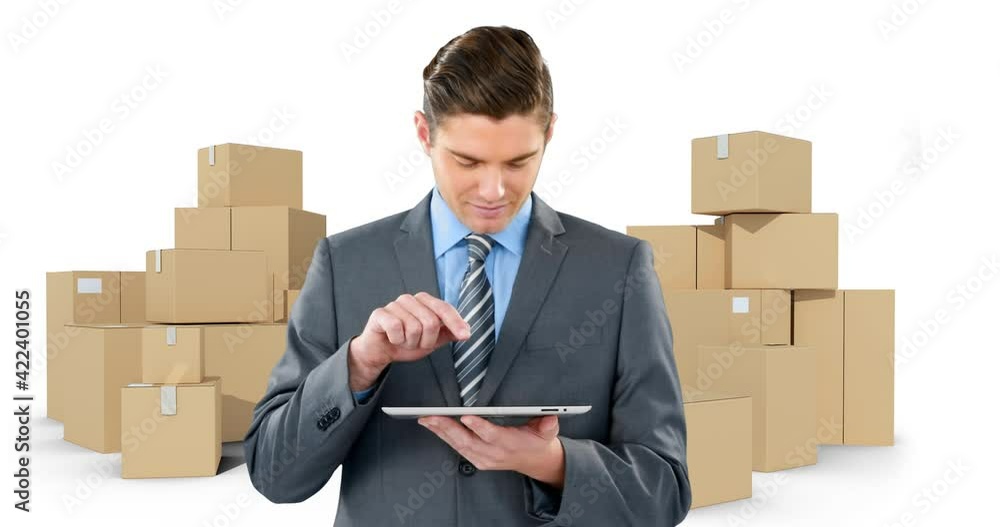 Poster animation of businessman using tablet with stacks of boxes on white background