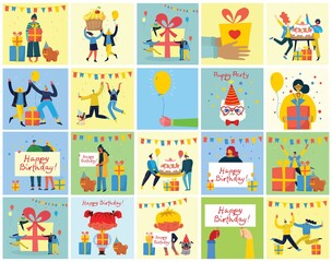 Happy birthday party background. Happy group of people celebrate on a bright background. Vector illustration in a flat style