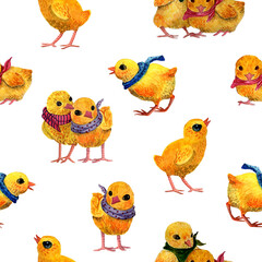 Watercolor hand drawn ilustration of different little chickens in cartoon style in seamless pattern on white background.Design for children illustration, baby shower, packaging, birthday decor, covers