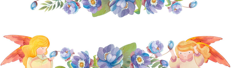Watercolor border with angels and flowers. Spring violet flowers frame. Wedding banner, church holiday background, birthday decoration. .Easter, Christmas, baptism, Pentecost, religious banner.