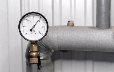 Manometer for measuring water pressure. Gas boiler house equipment.