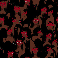 Mystery seamless pattern with Afro American beautiful women in feline carnival masks and black cats 