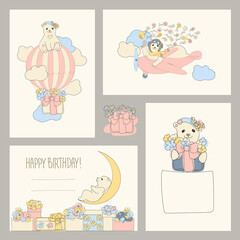 set of birthday cards. Funny teddy bears on a plane, in space, in a balloon, on the moon give gifts. Vector illustrations in pink color