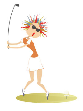 
Young golfer woman on the golf course illustration. Cartoon golfer woman in sunglasses aiming to do a good kick isolated on white
