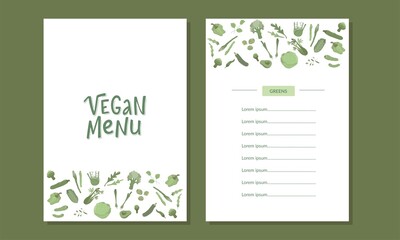 Vegan menu handwritten sign with vegetables. Vector stock illustration for design template vegetarian restaurant. EPS10