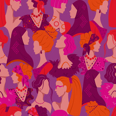 Obraz na płótnie Canvas Women from different eras, nationalities and cultures seamless pattern. Girl empowerment background 