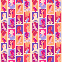 Women empowerment seamless pattern with portraits of females of different eras, nationalities and cultures. Pop art background 
