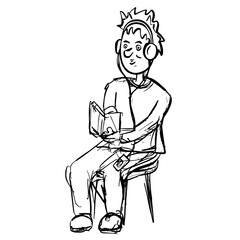 Cartoon of a Boy Sitting Down Listening to Headphones and Reading a Books