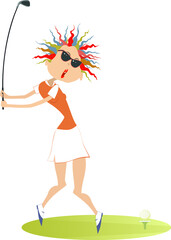 Young golfer woman on the golf course illustration. Cartoon golfer woman in sunglasses aiming to do a good kick isolated on white