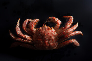 Cast-iron pan with boiled horsehair crab, flatlay over dark brown stone background, studio shot