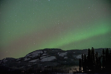 Mountain view landscape in northern Canada with aurora borealis seen northern lights dancing in green, purple sky. 