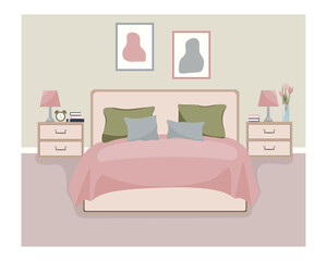 Interior bed room with furniture and accessories: nightstands with lamp and alarm clock, bed, bedside table, cabinets, house plant. Concept for web site design or advertisement. Vector illustration