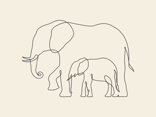 Elephant family. Continuous single line. Animal outline. Linear logo © arvitalya