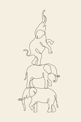 Elephants outline. Linear animal silhouette. Continuous single line