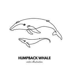 Whale family. Continuous single line. Animal outline. Linear logo