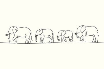 Linear elephant herd. Animal family outline. Continuous single line - 422403867