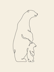 Bear family outline. Continuous single line. Linear animal contour