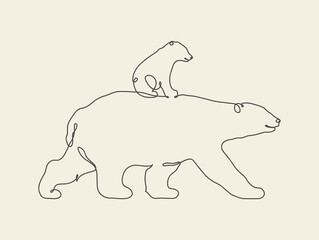 Bear family outline. Continuous single line. Linear animal contour