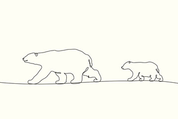 Walking bears. Linear animal family contour. Continuous single line