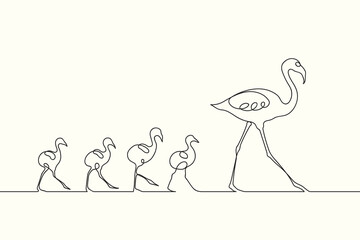 Flamingo family outline. Walking birds contour. Continuous single line