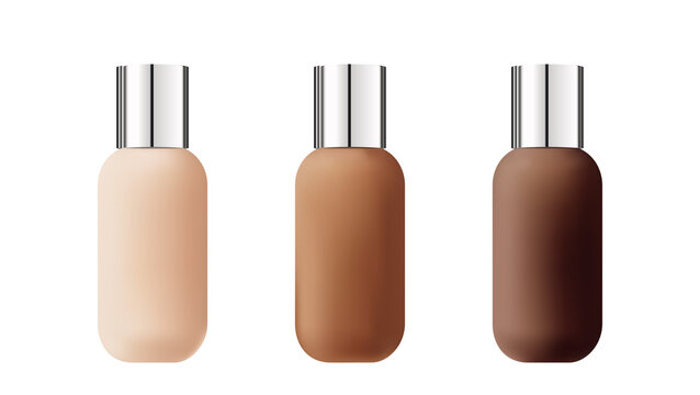 Mock-up of packaging for a foundation, for a face of different shades. 3D. Top view of makeup design elements. Foundation, BB, CC, concealer