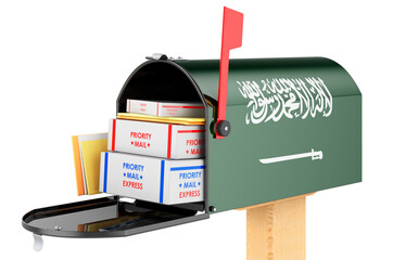 Mailbox with Saudi Arabian flag with parcels, envelopes inside. Shipping in Saudi Arabia, concept. 3D rendering