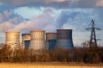 Cooling tower of Atomic power station with nuclear reactor. Industrial zone with Nuclear power...