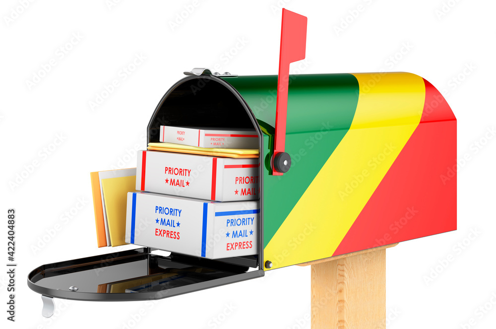 Poster mailbox with congo flag with parcels, envelopes inside. shipping in congo, concept. 3d rendering
