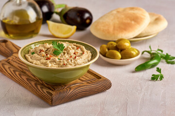 Eggplant Aubergine dip  Baba Ghanoush.   Traditional vegan arabic  appetizer mutabbal    . Close up