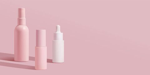 Cosmetic pink bottle. Womens cosmetic accessory for makeup, toning, fluid, lotion, serum. Packaging...