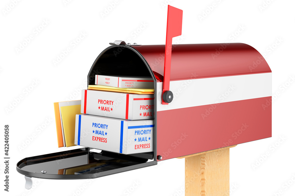 Poster mailbox with latvian flag with parcels, envelopes inside. shipping in latvia, concept. 3d rendering