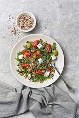 Healthy vegetarian salad with cooked chia seeds, fresh arugula, cherry tomatoes, soft cheese and olives